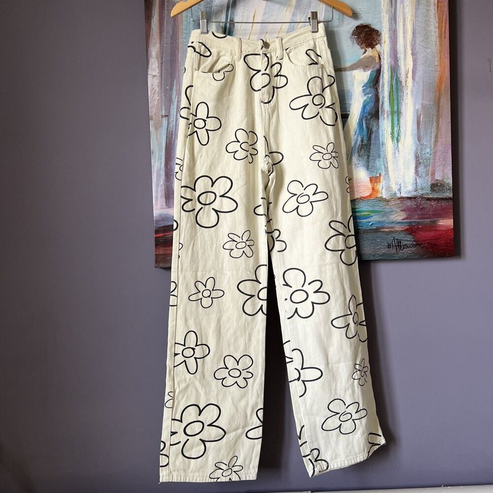 Grey Bandit Sz S Women's Flower Print Pants Straight Leg Loose Fit Boho Hippie